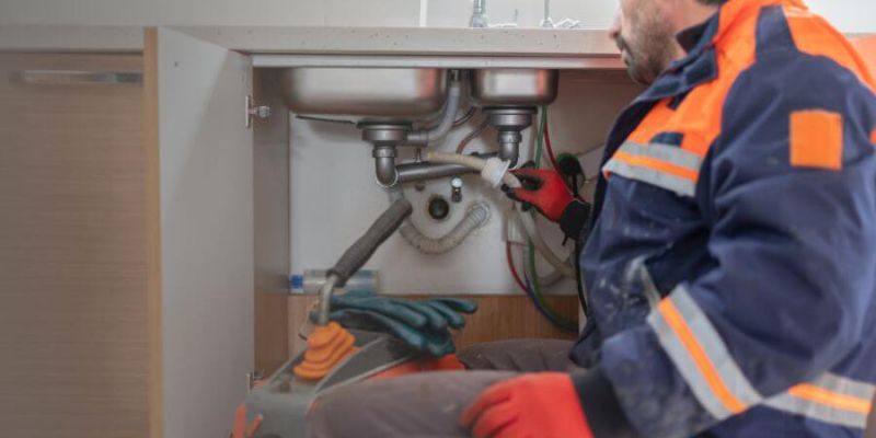 Plumber working on a modern kitchen sink repair